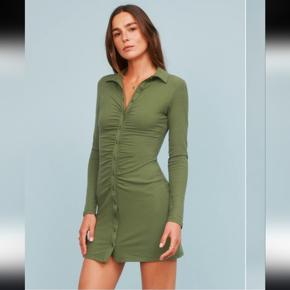 Reformation Dresses & Skirts - Reformation Amy Knit Dress Green Ribbed Button Front Mini Dress Size L NWT